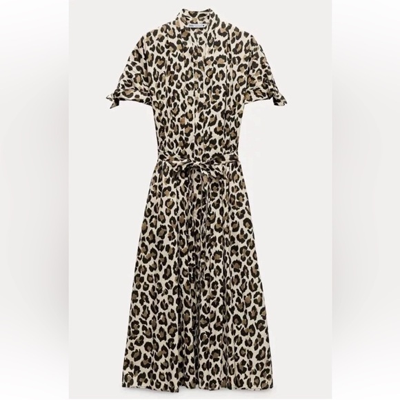 Zara Leopard Animal Print Button Up Down Midi Maxi Dress Bow Detail Pockets - Picture 10 of 17
